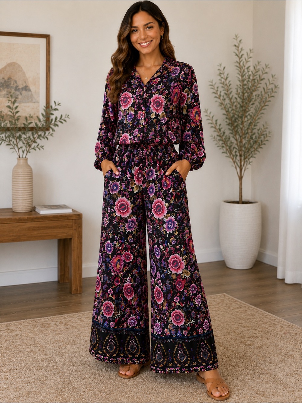Cynthia Rowley Floral Button-Front Top & Wide Leg Pants Set | Size Medium | NWT